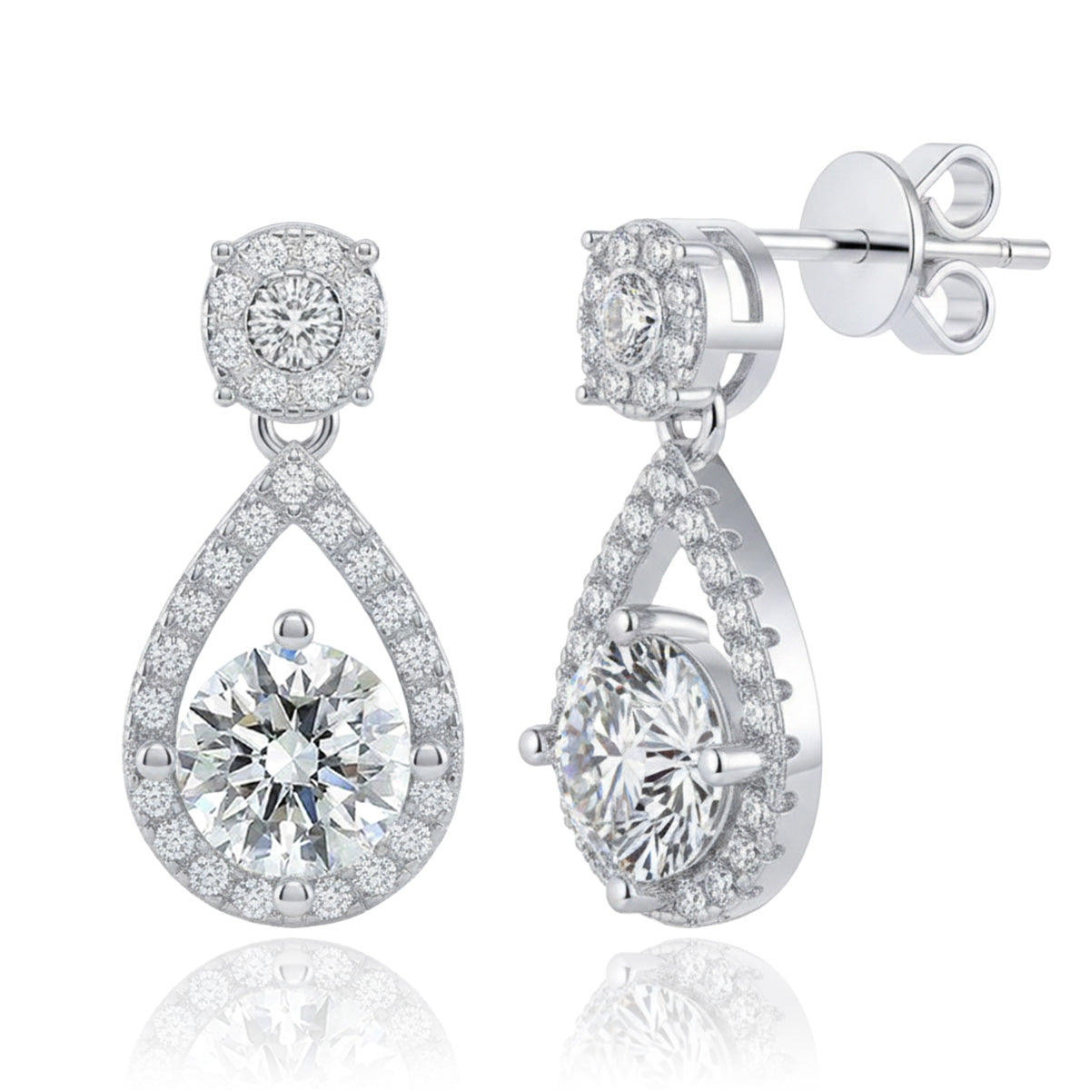 [Ships from USA] Teardrop Round Moissanite Stud Drop Earrings (2 ct. tw.) in 18K Gold Vermeil