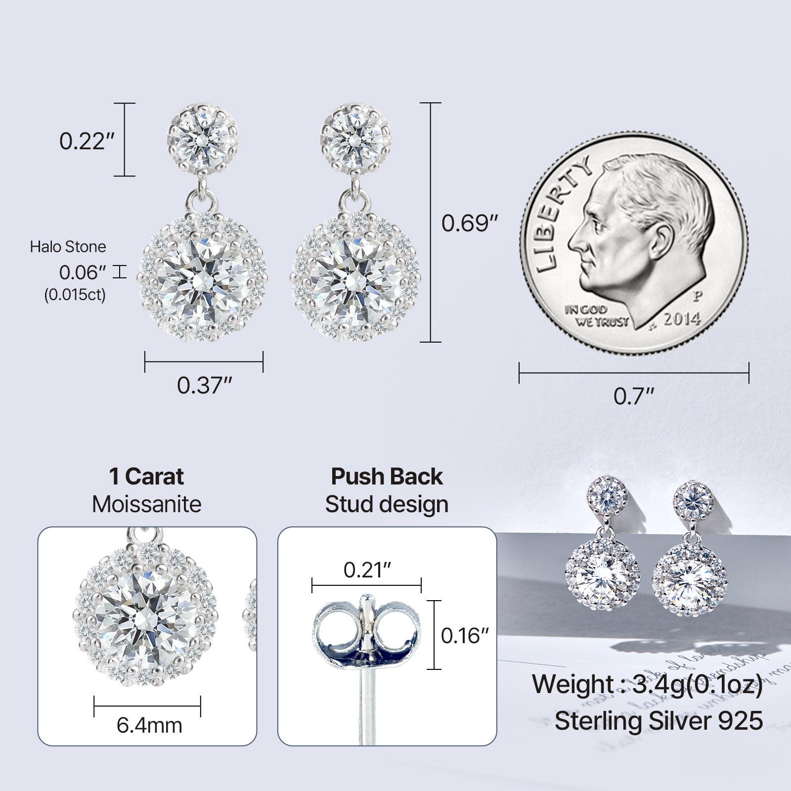 [Ships from USA] Round Halo Moissanite Stud Drops with Milgrain Beaded Edge (2 ct. tw.) in 18K Gold Vermeil