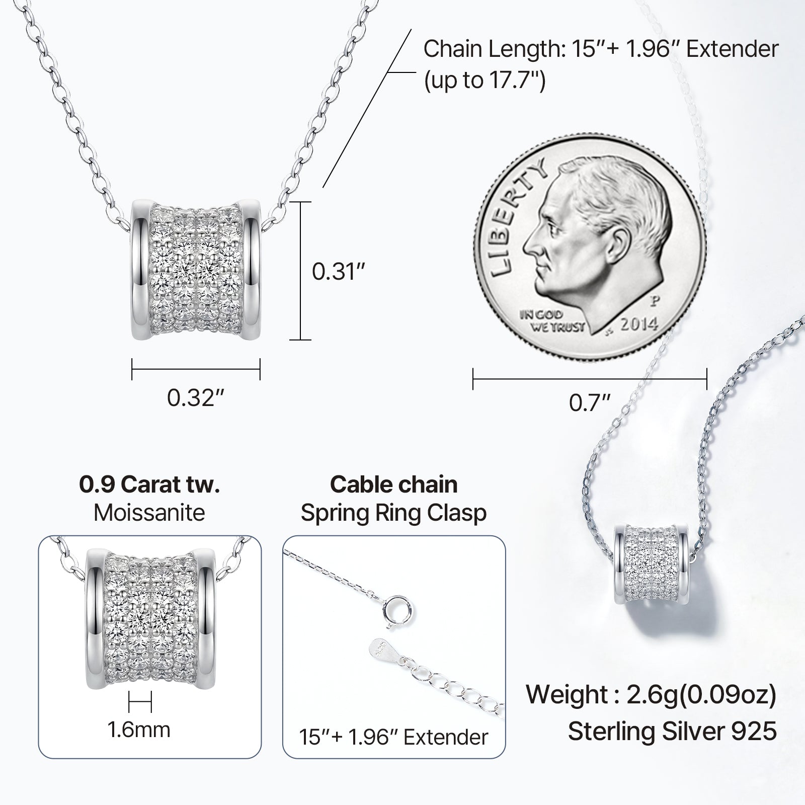 [Ships from USA]Rolling Barrel Pavé Moissanite Pendant Necklace in 18K Gold Vermeil