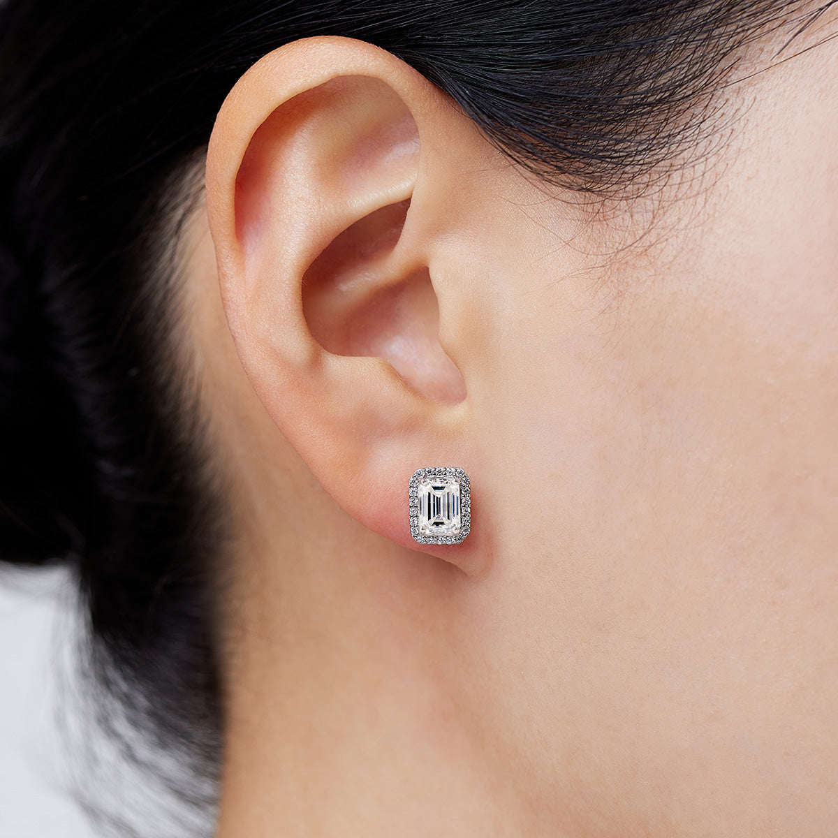 Emerald Cut Moissanite Halo Stud Earrings (2 ct. tw.) in 18K Gold Vermeil