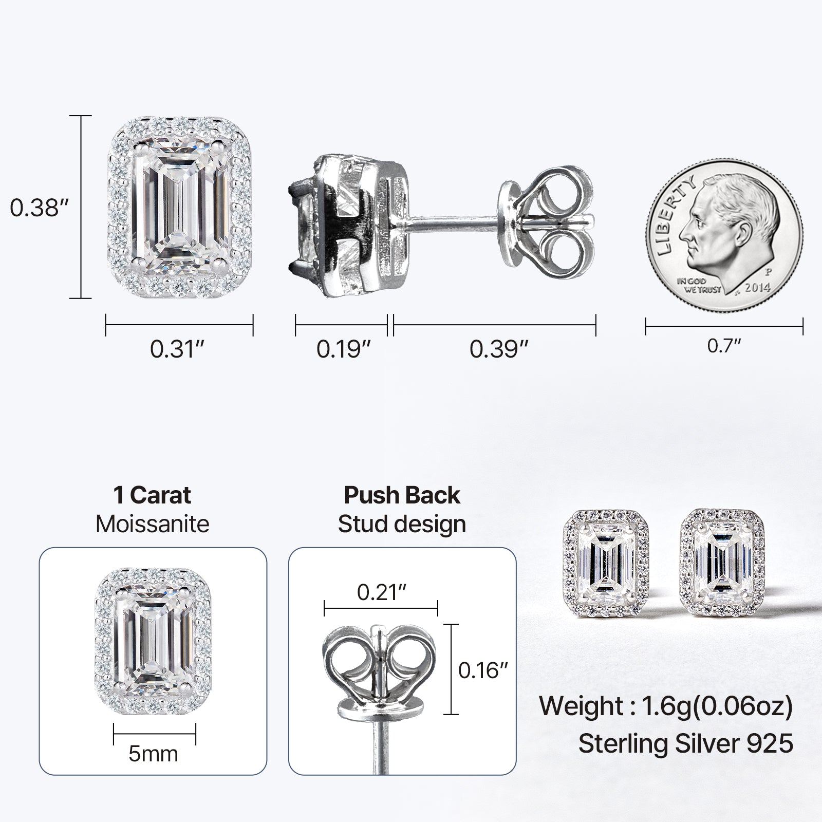 Emerald Cut Moissanite Halo Stud Earrings (2 ct. tw.) in 18K Gold Vermeil