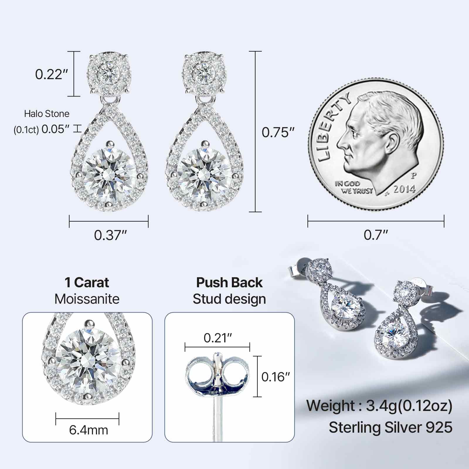 [Ships from USA] Teardrop Round Moissanite Stud Drop Earrings (2 ct. tw.) in 18K Gold Vermeil