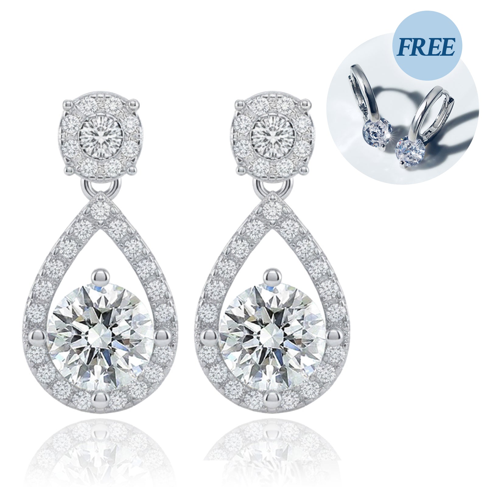 [Ships from USA] Teardrop Round Moissanite Stud Drop Earrings (2 ct. tw.) in 18K Gold Vermeil