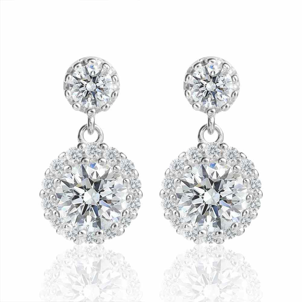 [Ships from USA] Round Halo Moissanite Stud Drops with Milgrain Beaded Edge (2 ct. tw.) in 18K Gold Vermeil