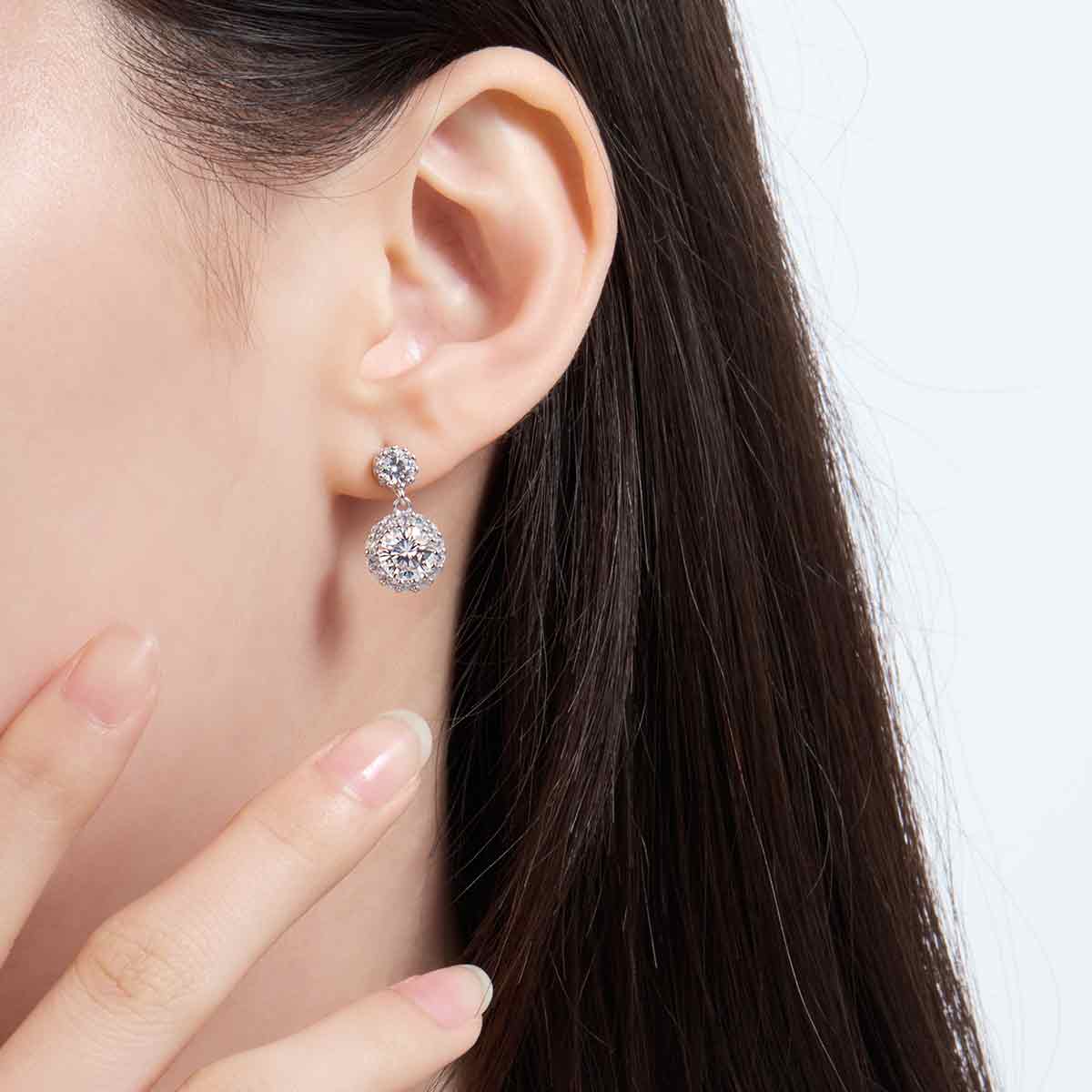 [Ships from USA] Round Halo Moissanite Stud Drops with Milgrain Beaded Edge (2 ct. tw.) in 18K Gold Vermeil