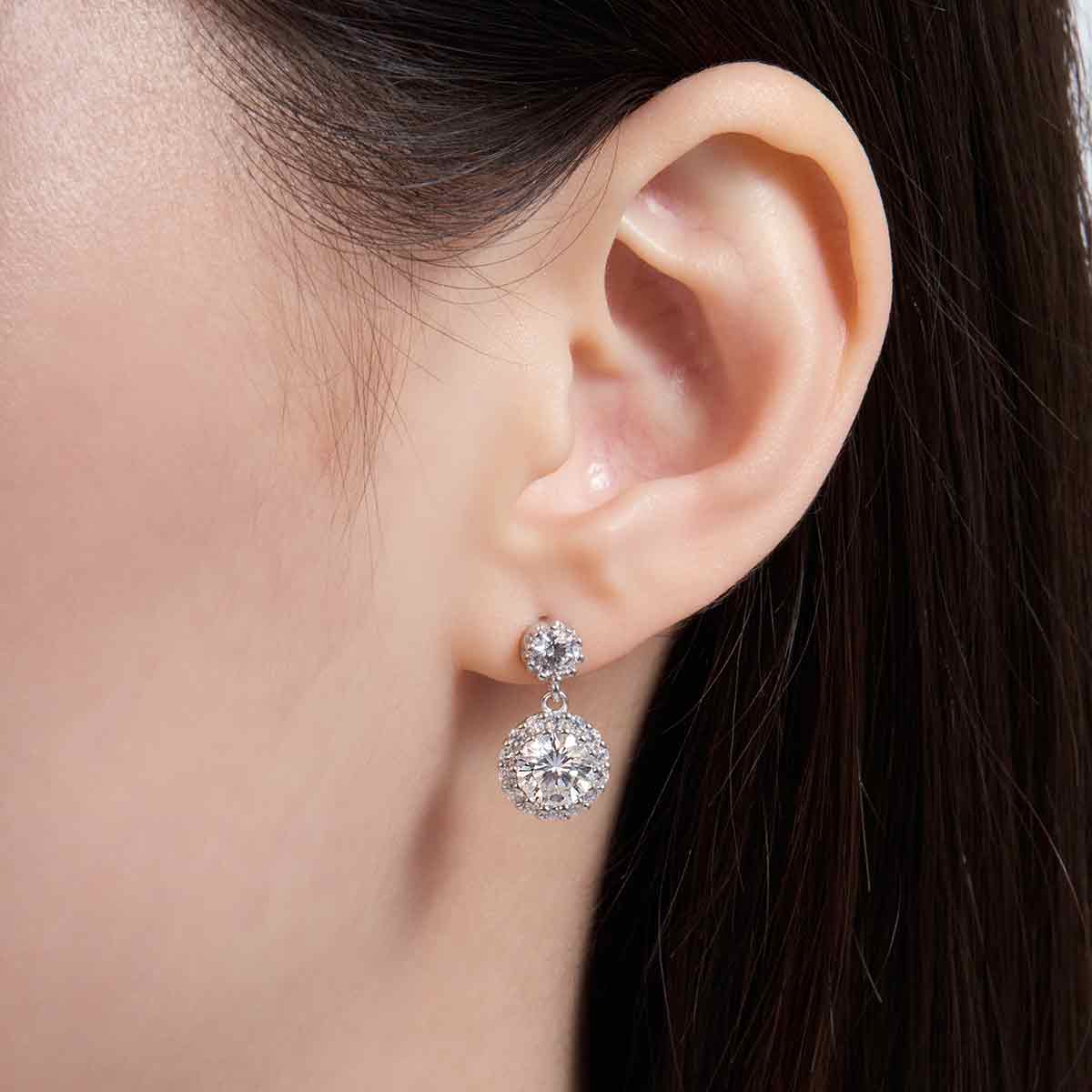 [Ships from USA] Round Halo Moissanite Stud Drops with Milgrain Beaded Edge (2 ct. tw.) in 18K Gold Vermeil