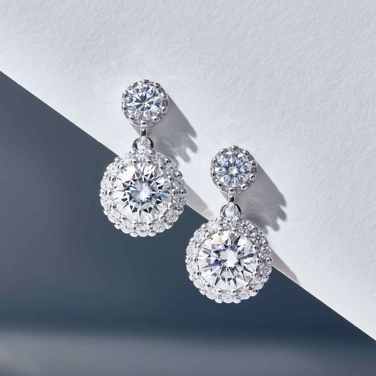 [Ships from USA] Round Halo Moissanite Stud Drops with Milgrain Beaded Edge (2 ct. tw.) in 18K Gold Vermeil