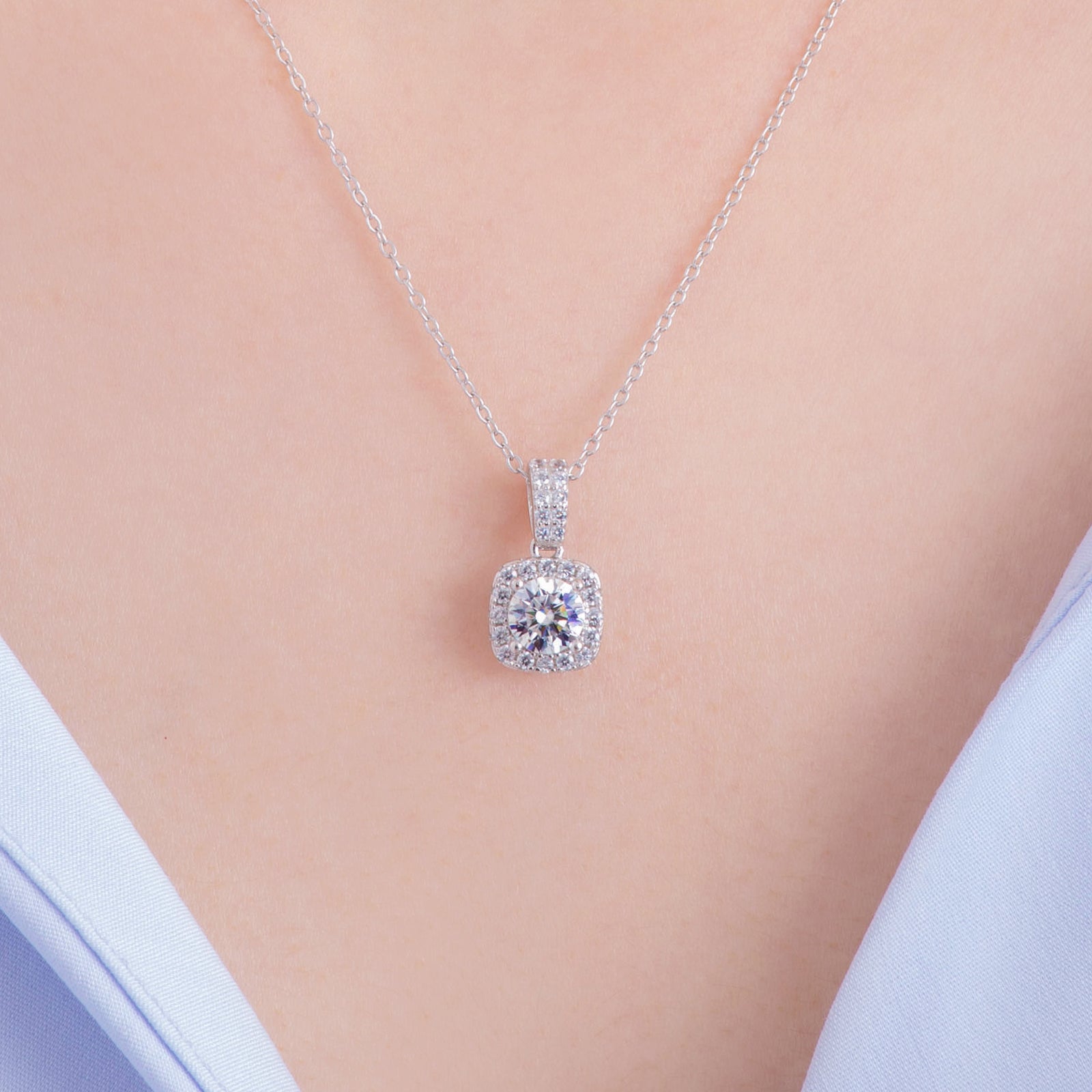 Cushion Cut Moissanite Halo Pendant with Pavé Bail in 18K Gold Vermeil