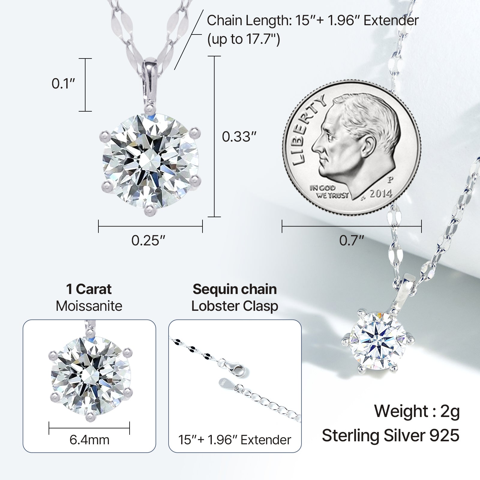 6-Prong Round Cut Moissanite Solitaire on Sequin Chain in 18K Gold Vermeil