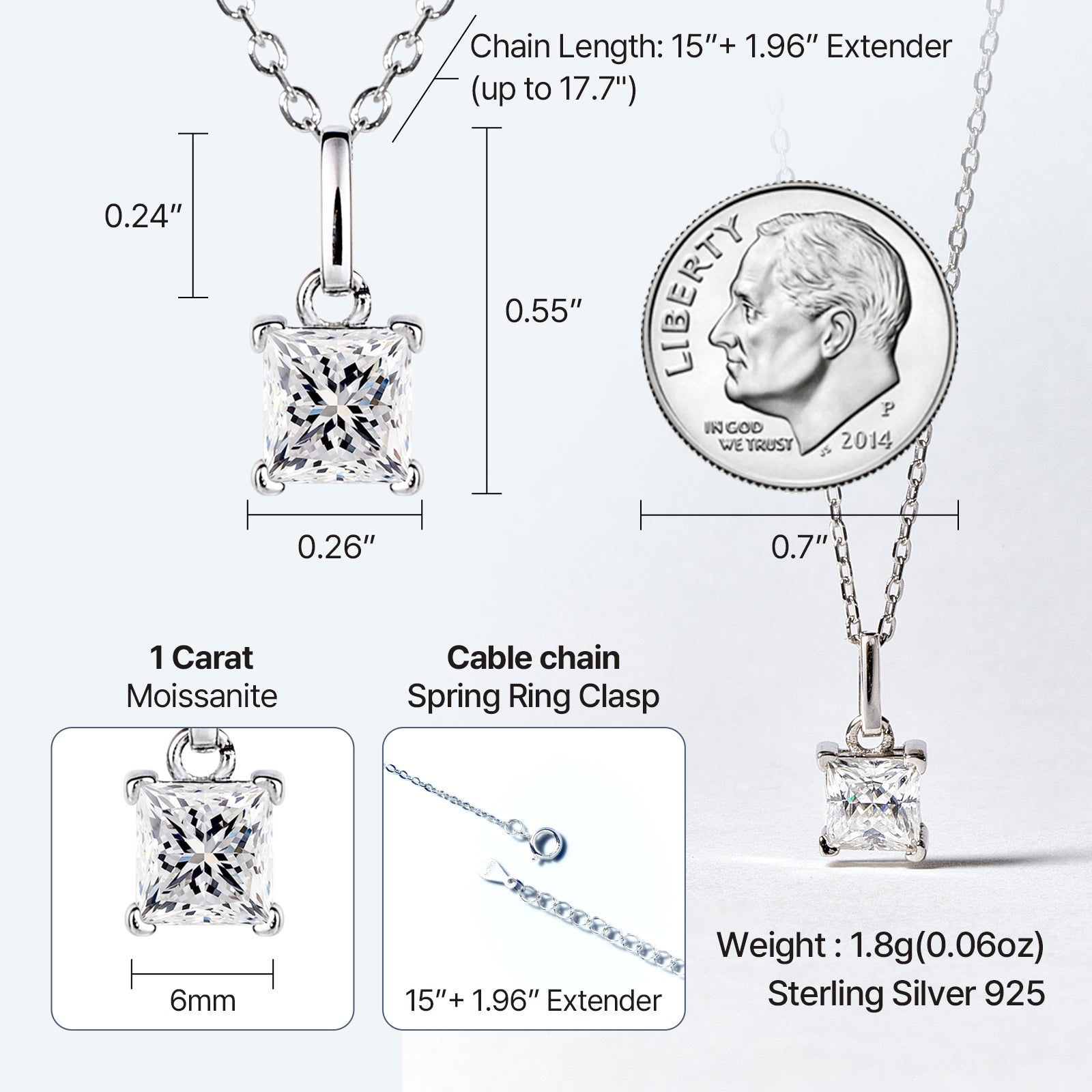 Princess Cut Moissanite Solitaire Necklace in 18K Gold Vermeil