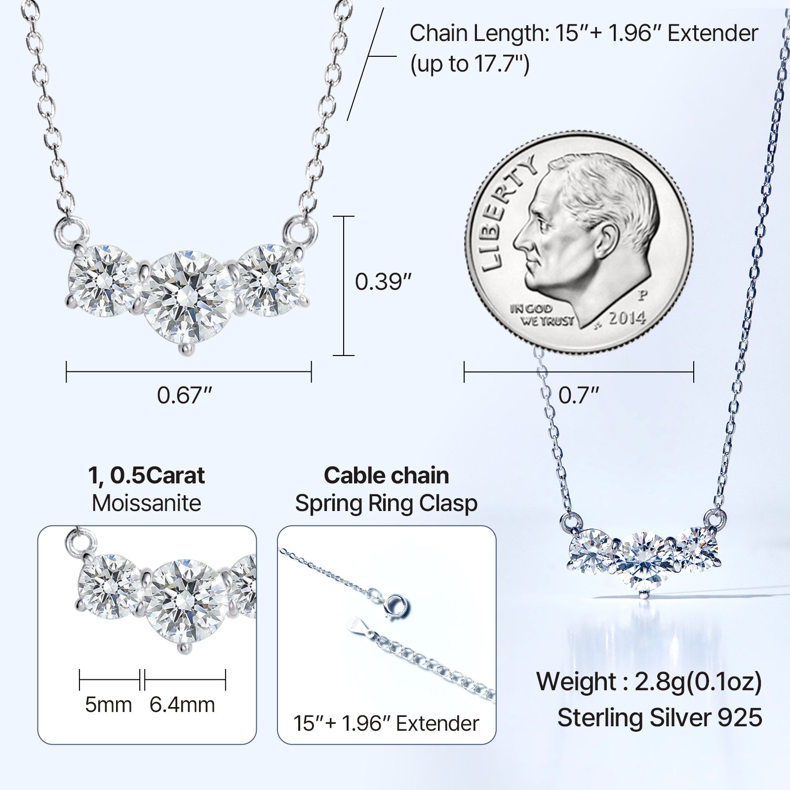 [Ships from USA] Graduated Moissanite Trilogy Solitaire Necklace (2.0 ct. tw.) in 18K Gold Vermeil