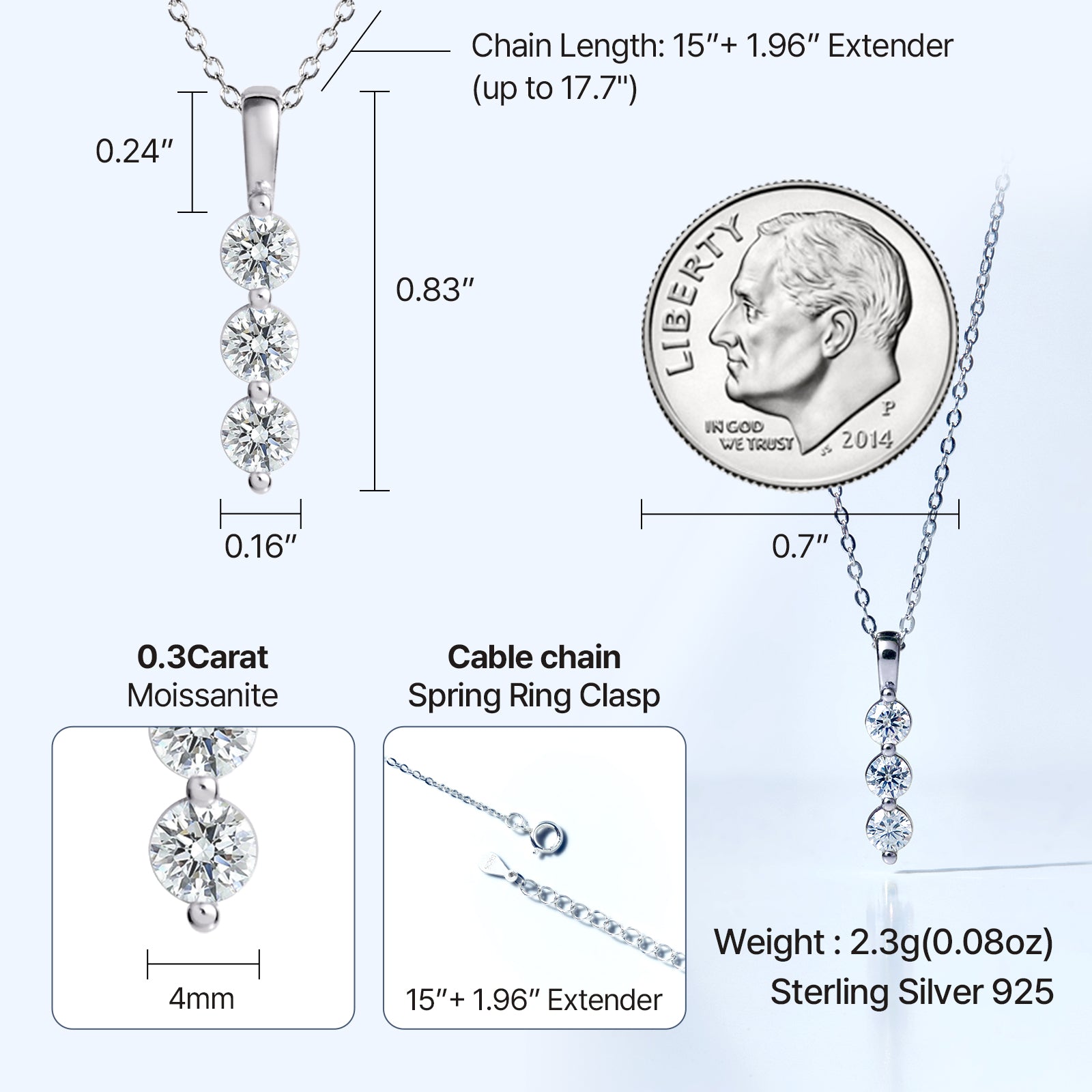 [Ships from USA] 3-Stone Vertical Drop Moissanite Pendant Necklace (0.9 ct. tw.) in 18K Gold Vermeil