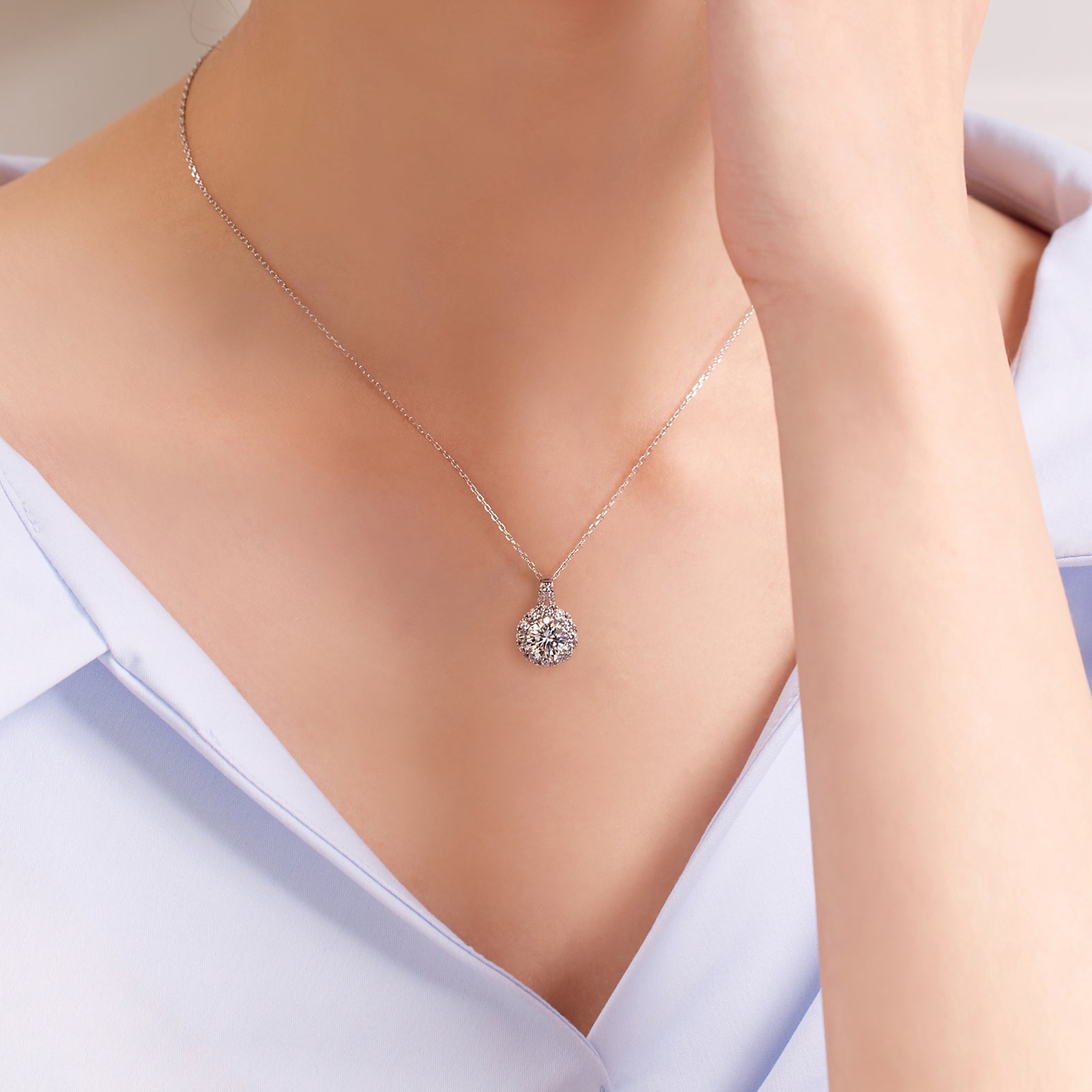 Round Cut Moissanite Halo Pendant with Double Pavé Bail in 18K Gold Vermeil