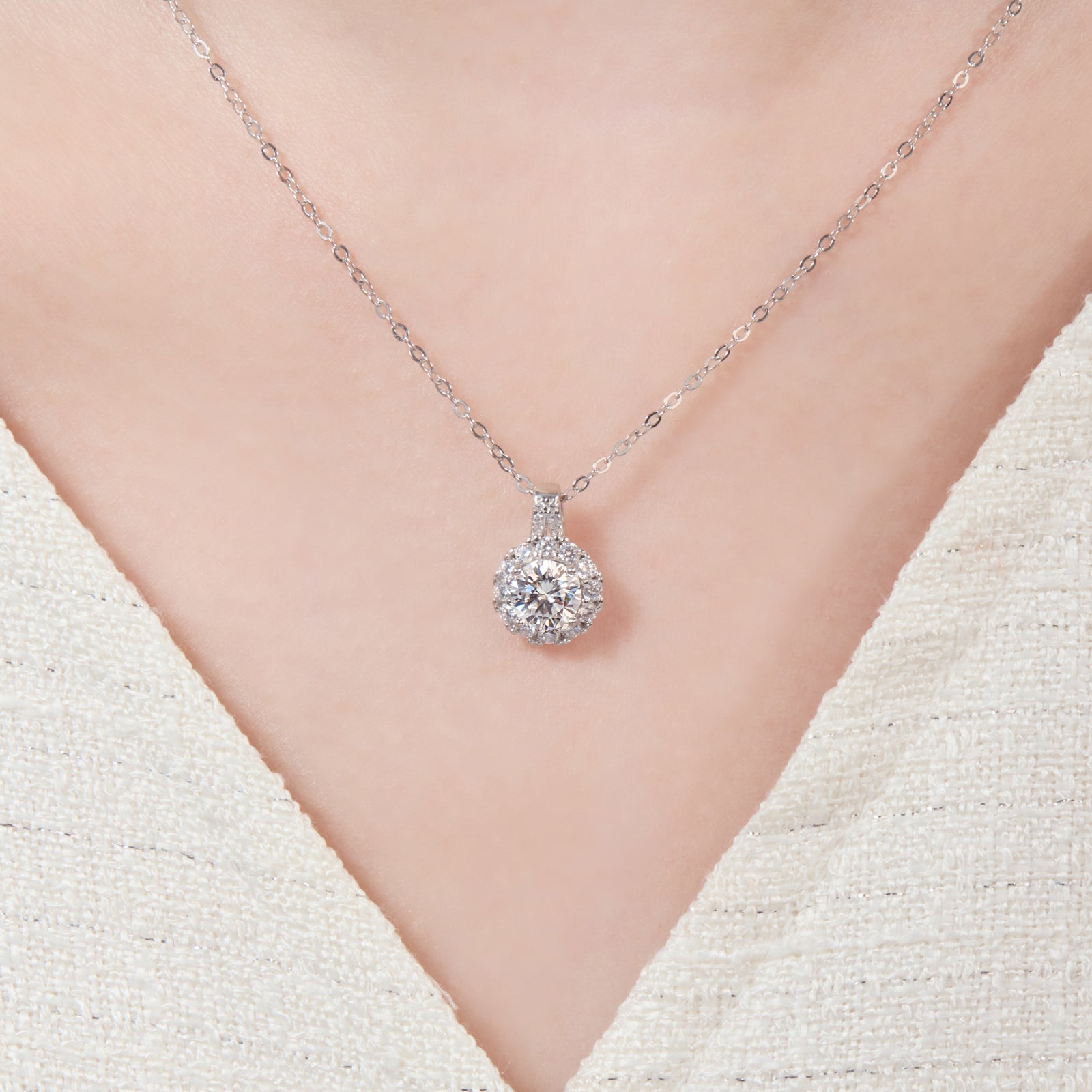 Round Cut Moissanite Halo Pendant with Double Pavé Bail in 18K Gold Vermeil