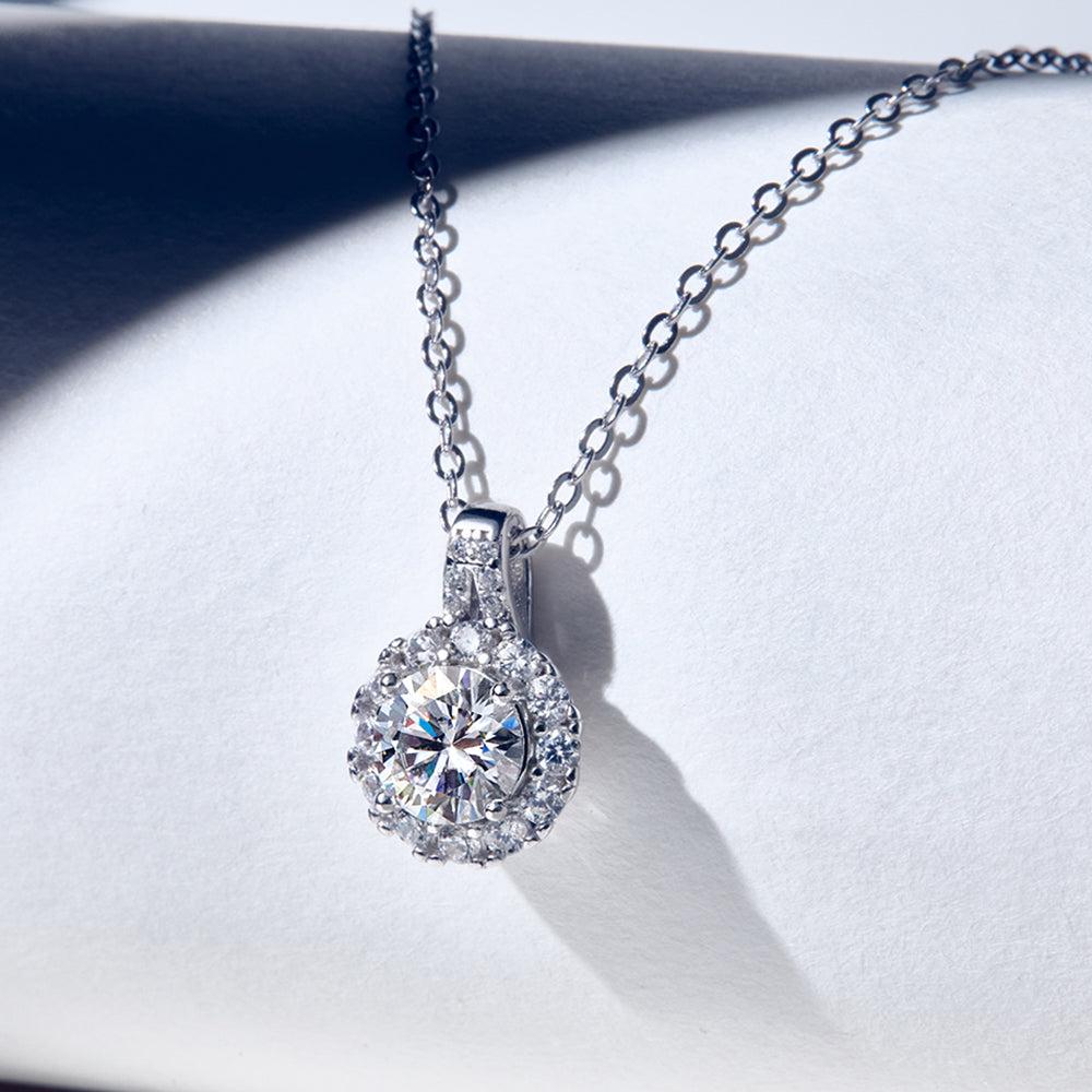 Round Cut Moissanite Halo Pendant with Double Pavé Bail in 18K Gold Vermeil