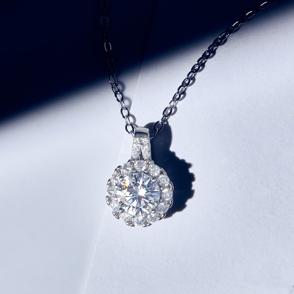 Round Cut Moissanite Halo Pendant with Double Pavé Bail in 18K Gold Vermeil