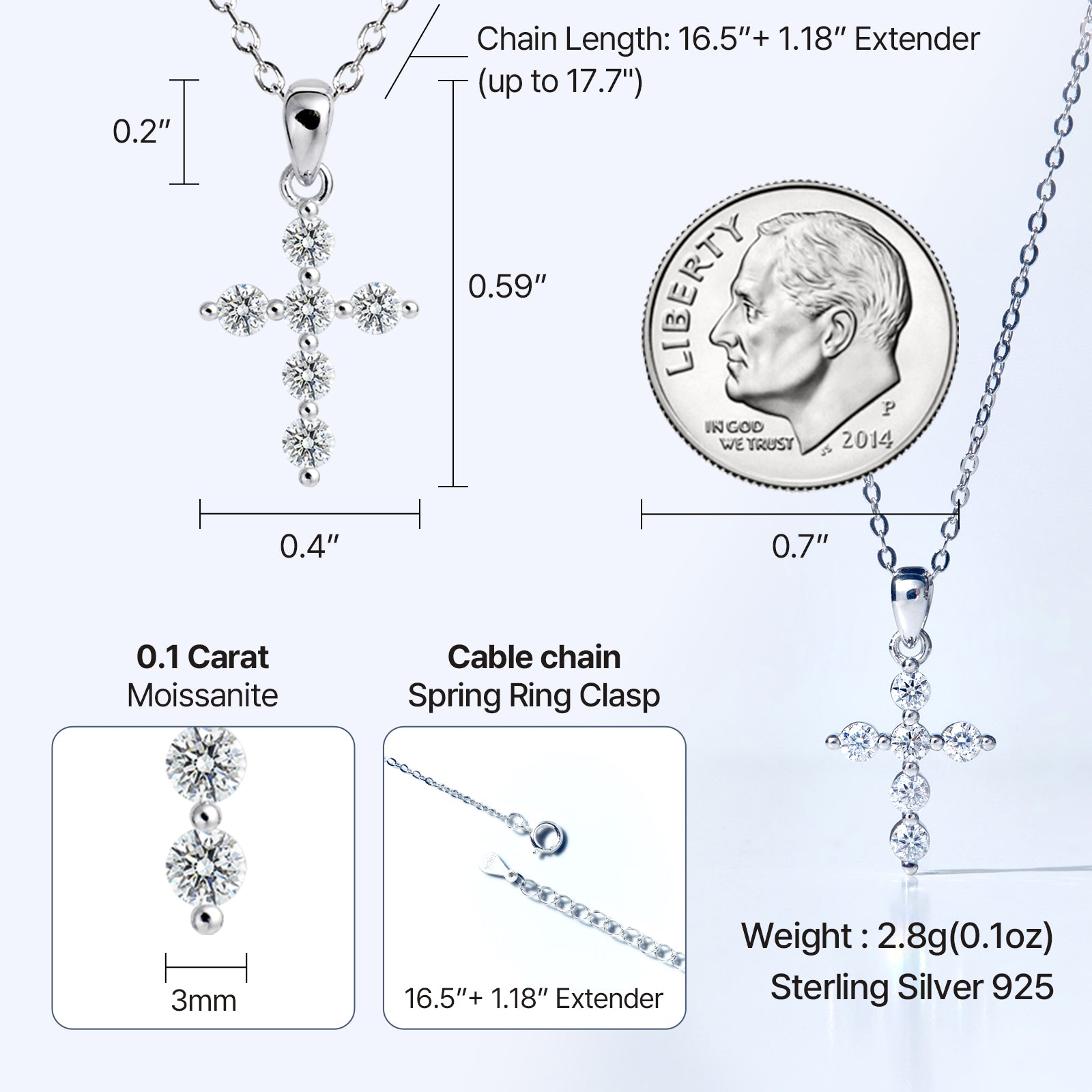 [Ships from USA] Beaded Edge Cross Moissanite Pendant Necklace (0.6 ct. tw.) in 18K Gold Vermeil