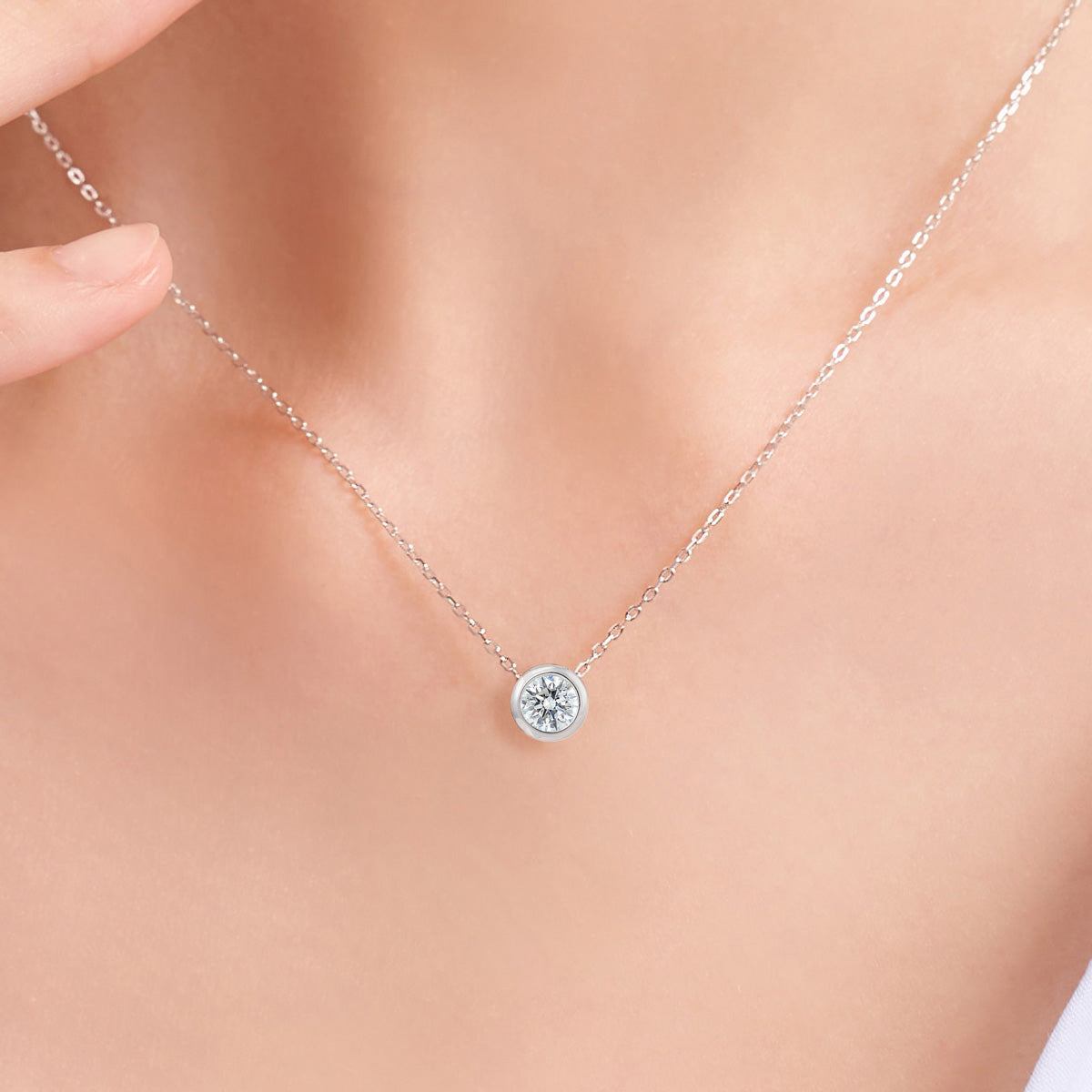 Round Cut Moissanite Bezel-Set Solitaire Necklace in 18K Gold Vermeil