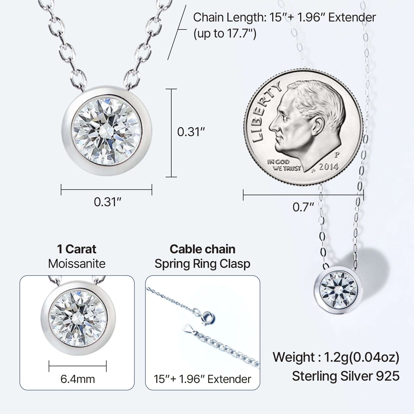 Round Cut Moissanite Bezel-Set Solitaire Necklace in 18K Gold Vermeil